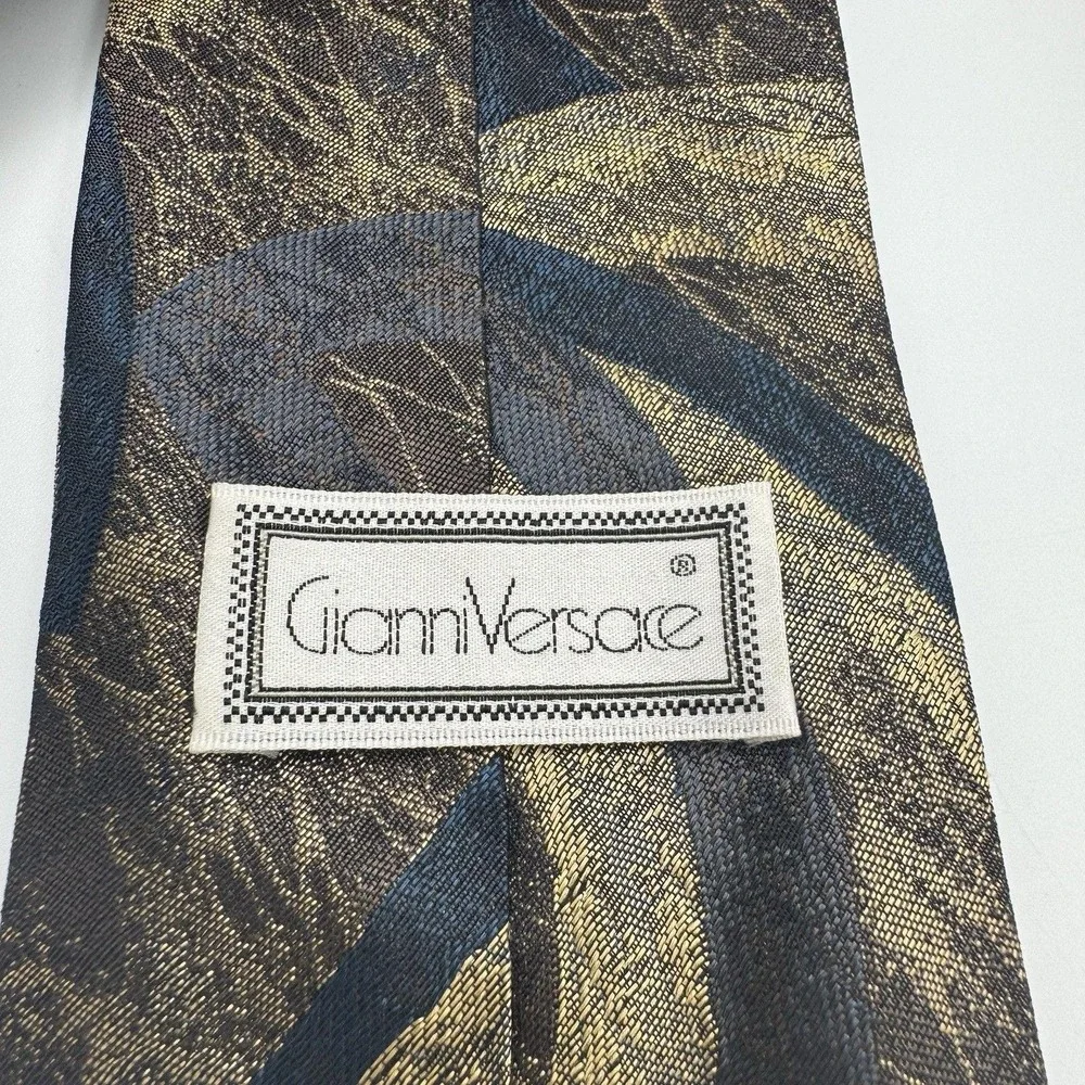 GIANNI VERSACE Tie Navy Gray Silver Brown Geometric Pattern 100%‎ Silk Japan